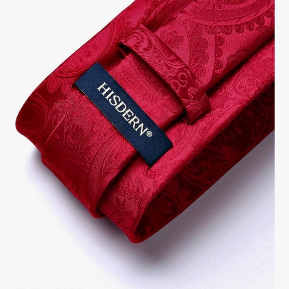 Hisdern Elegant Red Paisley Tie and Pocket Square Set - Picture 4 of 8